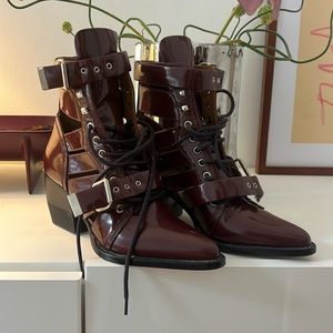 Unworn Chloe Rylee boots in patent oxblood